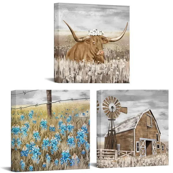 Multicolor_Farmhouse_Canvas_Art_Farm_Landscape_Wall_Art_Longhorn_Barn_Texas_Bluebonnet_Picture_Country_Scene_Artwork_Painting_|_For_Home_Decor_12''x12''x3pcs_Framed