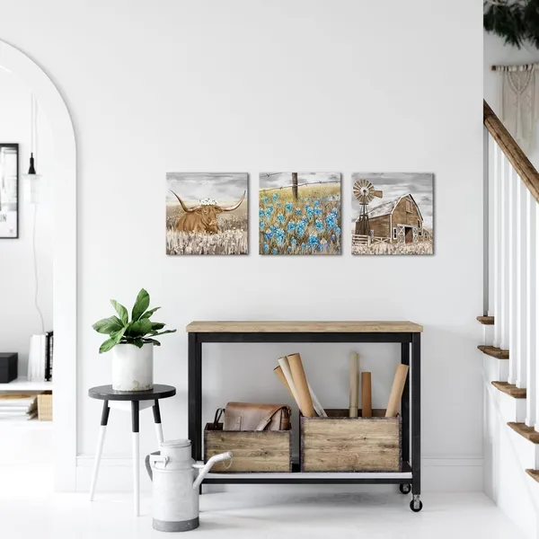 Multicolor_Farmhouse_Canvas_Art_Farm_Landscape_Wall_Art_Longhorn_Barn_Texas_Bluebonnet_Picture_Country_Scene_Artwork_Painting_|_For_Home_Decor_12''x12''x3pcs_Framed