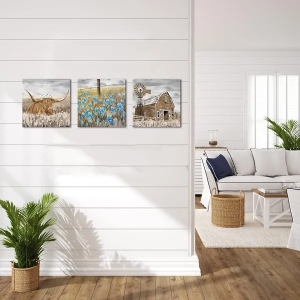 Multicolor_Farmhouse_Canvas_Art_Farm_Landscape_Wall_Art_Longhorn_Barn_Texas_Bluebonnet_Picture_Country_Scene_Artwork_Painting_|_For_Home_Decor_12''x12''x3pcs_Framed