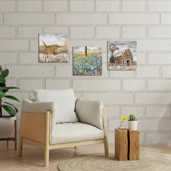 Multicolor_Farmhouse_Canvas_Art_Farm_Landscape_Wall_Art_Longhorn_Barn_Texas_Bluebonnet_Picture_Country_Scene_Artwork_Painting_|_For_Home_Decor_12''x12''x3pcs_Framed