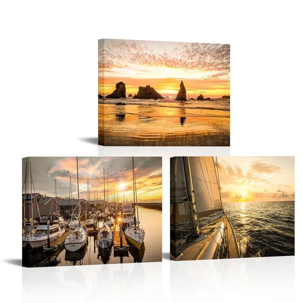 Multicolor_Sailing_Yacht_Canvas_Wall_Art_Sailboat_Surfing_Wall_Prints_Sailing_Yacht_at_Sunset_Pictures_Seascape_Painting_Nautical_Artwork_Prints_|_For_Living_Room_Framed_12''x16''x3panels