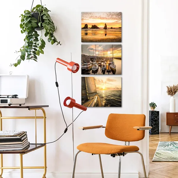 Multicolor_Sailing_Yacht_Canvas_Wall_Art_Sailboat_Surfing_Wall_Prints_Sailing_Yacht_at_Sunset_Pictures_Seascape_Painting_Nautical_Artwork_Prints_|_For_Living_Room_Framed_12''x16''x3panels