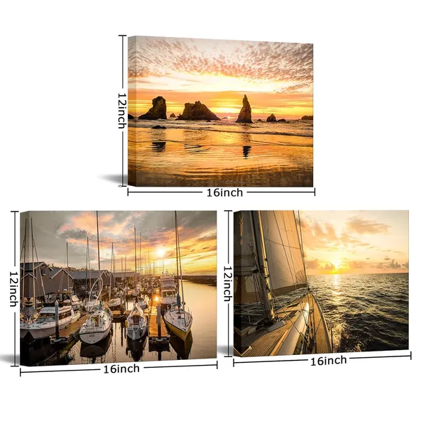 Multicolor_Sailing_Yacht_Canvas_Wall_Art_Sailboat_Surfing_Wall_Prints_Sailing_Yacht_at_Sunset_Pictures_Seascape_Painting_Nautical_Artwork_Prints_|_For_Living_Room_Framed_12''x16''x3panels