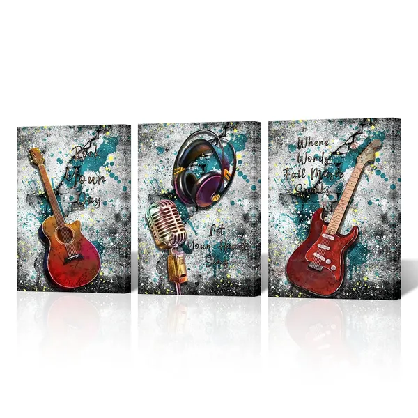 Multicolor_Music_Canvas_Wall_Art_Graffiti_Guitar_Pictures_Musical_Instrument_Paintings_Headphone_Microphone_Artworks_Prints_Home_Office_Wall_Decor_Gifts_|_For_Music_Lovers12''X16''X3_Panels