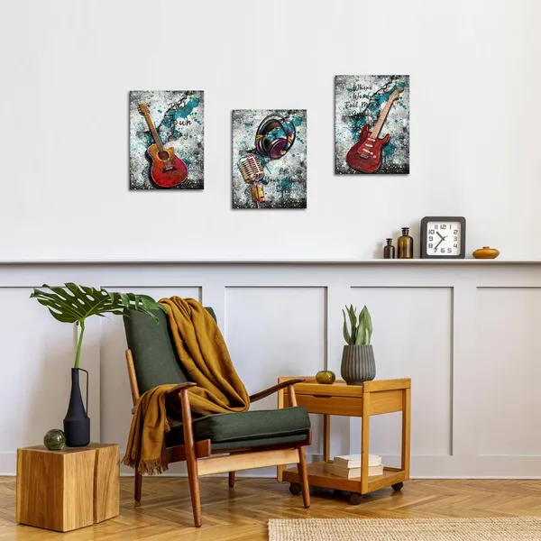 Multicolor_Music_Canvas_Wall_Art_Graffiti_Guitar_Pictures_Musical_Instrument_Paintings_Headphone_Microphone_Artworks_Prints_Home_Office_Wall_Decor_Gifts_|_For_Music_Lovers12''X16''X3_Panels