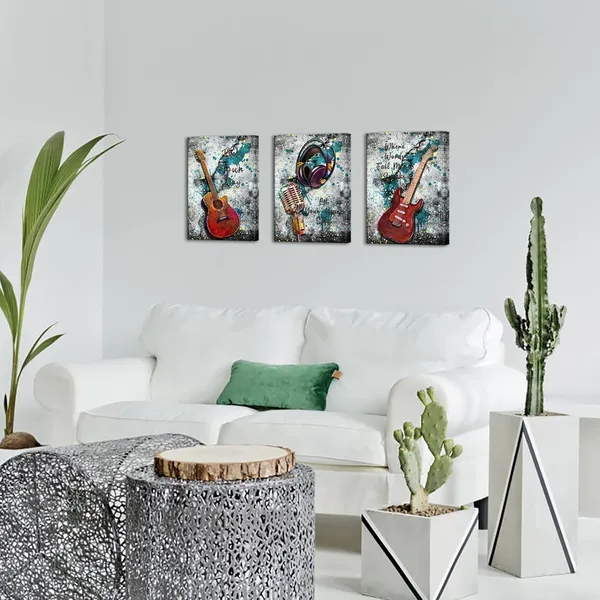 Multicolor_Music_Canvas_Wall_Art_Graffiti_Guitar_Pictures_Musical_Instrument_Paintings_Headphone_Microphone_Artworks_Prints_Home_Office_Wall_Decor_Gifts_|_For_Music_Lovers12''X16''X3_Panels