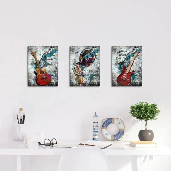 Multicolor_Music_Canvas_Wall_Art_Graffiti_Guitar_Pictures_Musical_Instrument_Paintings_Headphone_Microphone_Artworks_Prints_Home_Office_Wall_Decor_Gifts_|_For_Music_Lovers12''X16''X3_Panels