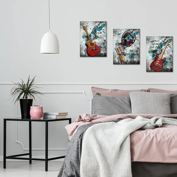 Multicolor_Music_Canvas_Wall_Art_Graffiti_Guitar_Pictures_Musical_Instrument_Paintings_Headphone_Microphone_Artworks_Prints_Home_Office_Wall_Decor_Gifts_|_For_Music_Lovers12''X16''X3_Panels