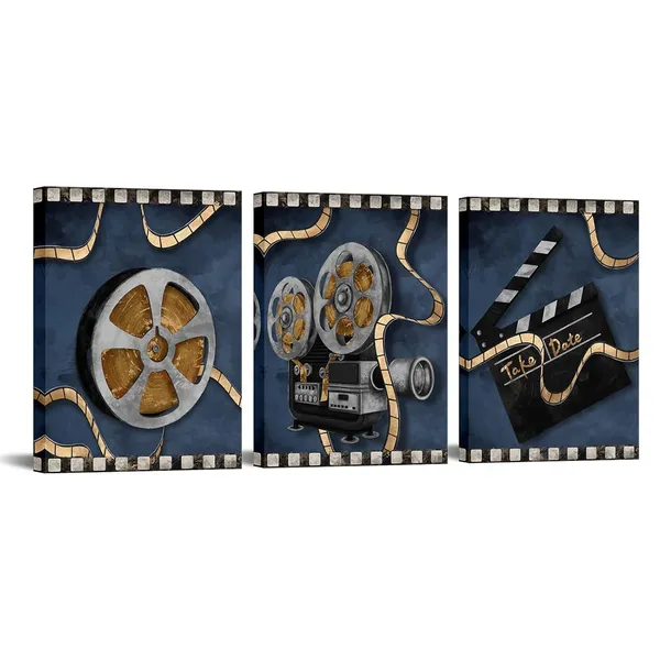 Multicolor_Movie_Theater_Canvas_Wall_Art_Film_Painting_Clapperboard_and_Projector_Art_Prints_Cinema_of_Vintage_Film_Reels_Artwork_|_For_Theator_Room_Framed_Ready_to_Hang_12"x16"x_3_Piece