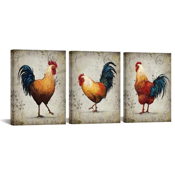 Multicolor_Farm_Animal_Canvas_Chicken_Wall_Art_Hen_Rooster_Painting_Rustic_Kitchen_Picture_Print_Farmhouse_Chicken_Artwork_Country_Home_Dinning_Room_Decor_12"x16"x3pcs_Framed