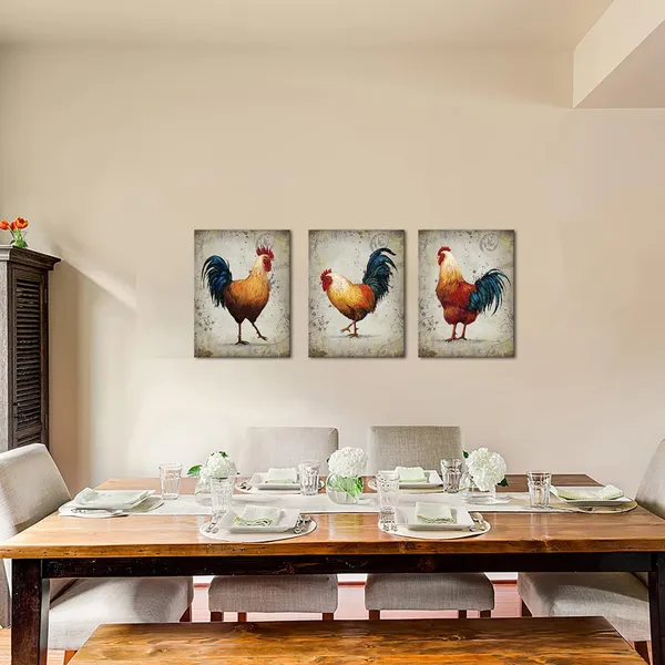 Multicolor_Farm_Animal_Canvas_Chicken_Wall_Art_Hen_Rooster_Painting_Rustic_Kitchen_Picture_Print_Farmhouse_Chicken_Artwork_Country_Home_Dinning_Room_Decor_12"x16"x3pcs_Framed