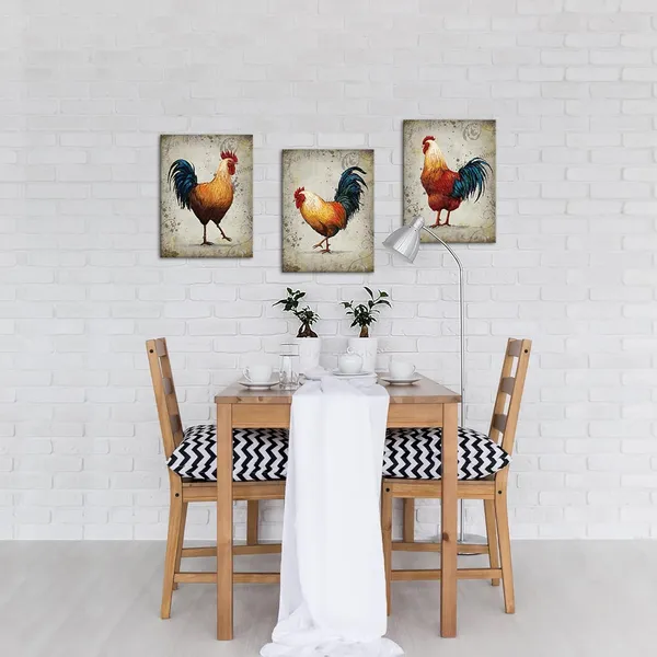 Multicolor_Farm_Animal_Canvas_Chicken_Wall_Art_Hen_Rooster_Painting_Rustic_Kitchen_Picture_Print_Farmhouse_Chicken_Artwork_Country_Home_Dinning_Room_Decor_12"x16"x3pcs_Framed
