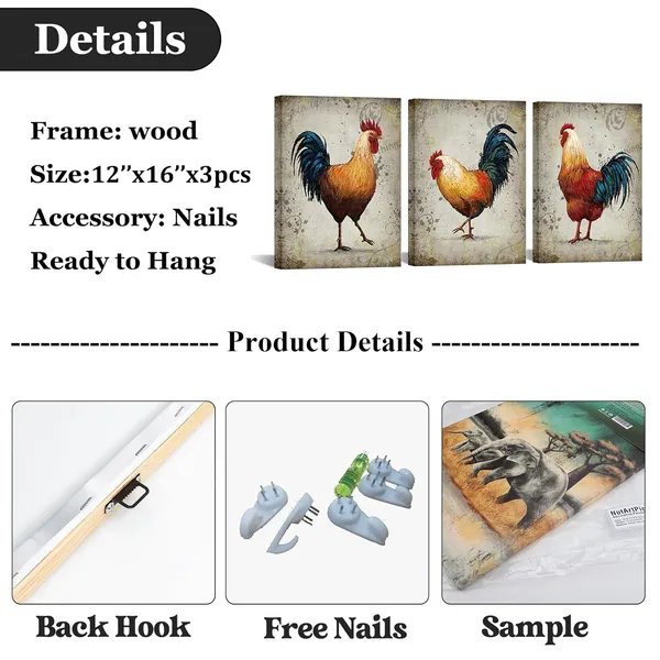 Multicolor_Farm_Animal_Canvas_Chicken_Wall_Art_Hen_Rooster_Painting_Rustic_Kitchen_Picture_Print_Farmhouse_Chicken_Artwork_Country_Home_Dinning_Room_Decor_12"x16"x3pcs_Framed