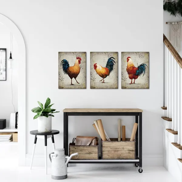 Multicolor_Farm_Animal_Canvas_Chicken_Wall_Art_Hen_Rooster_Painting_Rustic_Kitchen_Picture_Print_Farmhouse_Chicken_Artwork_Country_Home_Dinning_Room_Decor_12"x16"x3pcs_Framed
