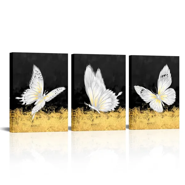 Multicolor_Butterfly_Canvas_Black_Gold_Wall_Art_Painting_Abstract_White_Butterflies_Picture_Prints_Still_Life_Artwork_|_For_Home_Bedroom_Living_Room_Bathroom_Office_Decor_12''x16''x3_Panels