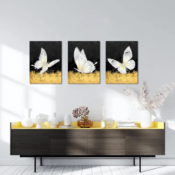 Multicolor_Butterfly_Canvas_Black_Gold_Wall_Art_Painting_Abstract_White_Butterflies_Picture_Prints_Still_Life_Artwork_|_For_Home_Bedroom_Living_Room_Bathroom_Office_Decor_12''x16''x3_Panels