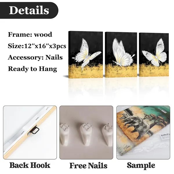 Multicolor_Butterfly_Canvas_Black_Gold_Wall_Art_Painting_Abstract_White_Butterflies_Picture_Prints_Still_Life_Artwork_|_For_Home_Bedroom_Living_Room_Bathroom_Office_Decor_12''x16''x3_Panels