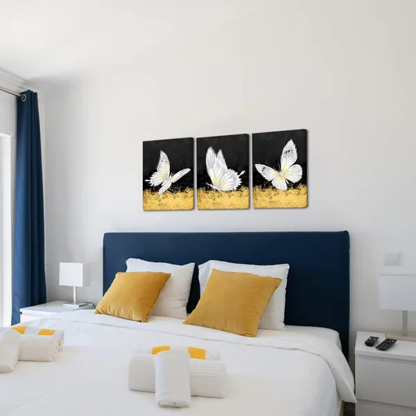 Multicolor_Butterfly_Canvas_Black_Gold_Wall_Art_Painting_Abstract_White_Butterflies_Picture_Prints_Still_Life_Artwork_|_For_Home_Bedroom_Living_Room_Bathroom_Office_Decor_12''x16''x3_Panels