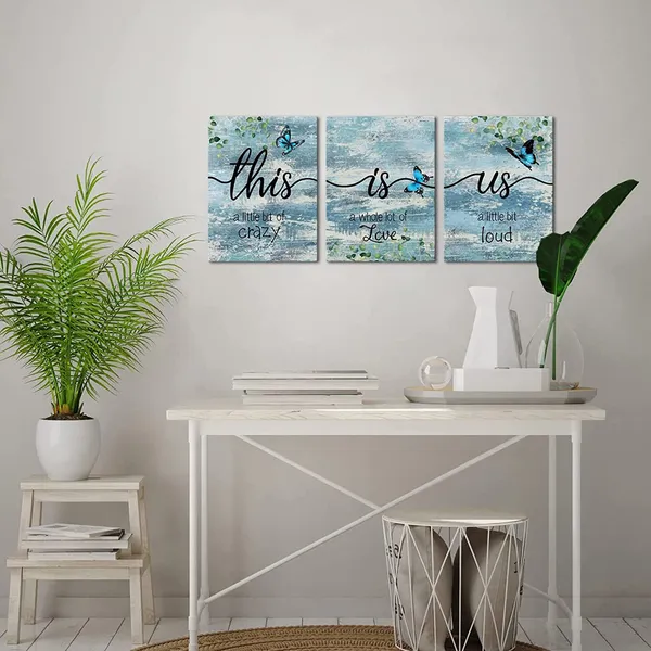 Multicolor_This_Is_Us_Wall_Art_Rustic_Farmhouse_Artwork_Teal_Butterfly_Inspirational_Canvas_Painting_Family_Signs_a_little_bit_of_crazy_Artwork_|_For_Farm_Home_Living_Room_Decor_12''x16''x3pcs