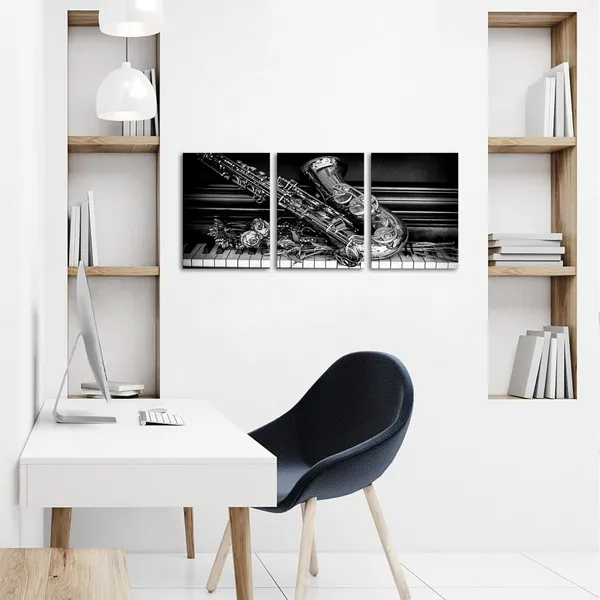 Multicolor_Music_Wall_Art_Canvas_Black_White_Saxophone_Piano_Picture_Prints_Saxophone_Musical_Instruments_Painting_Modern_Jazz_Artwork_|_For_Home_Decor_Framed_(Black,_Small)