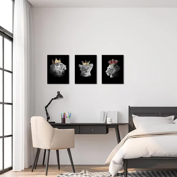 Multicolor_Lion_Family_Canvas_Wall_Art_King_Lion_and_Lioness_Picture_Painting_Black_and_White_Lion_with_Gold_Crown_Picture_Artwork_|_For_Bedroom_Living_Room_Office_Decor_12"x16"x3pcs_(Small)