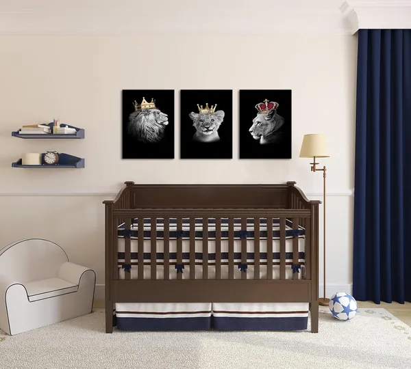 Multicolor_Lion_Family_Canvas_Wall_Art_King_Lion_and_Lioness_Picture_Painting_Black_and_White_Lion_with_Gold_Crown_Picture_Artwork_|_For_Bedroom_Living_Room_Office_Decor_12"x16"x3pcs_(Small)