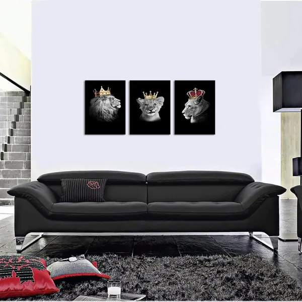 Multicolor_Lion_Family_Canvas_Wall_Art_King_Lion_and_Lioness_Picture_Painting_Black_and_White_Lion_with_Gold_Crown_Picture_Artwork_|_For_Bedroom_Living_Room_Office_Decor_12"x16"x3pcs_(Small)