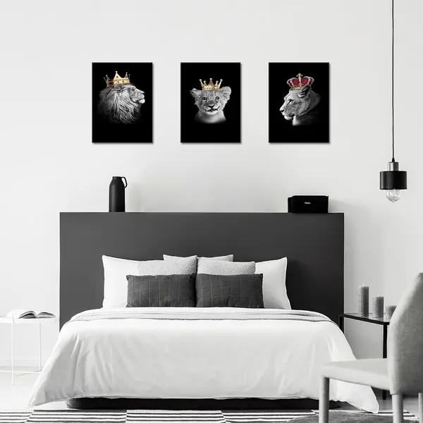 Multicolor_Lion_Family_Canvas_Wall_Art_King_Lion_and_Lioness_Picture_Painting_Black_and_White_Lion_with_Gold_Crown_Picture_Artwork_|_For_Bedroom_Living_Room_Office_Decor_12"x16"x3pcs_(Small)