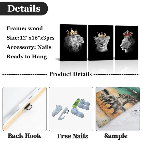Multicolor_Lion_Family_Canvas_Wall_Art_King_Lion_and_Lioness_Picture_Painting_Black_and_White_Lion_with_Gold_Crown_Picture_Artwork_|_For_Bedroom_Living_Room_Office_Decor_12"x16"x3pcs_(Small)