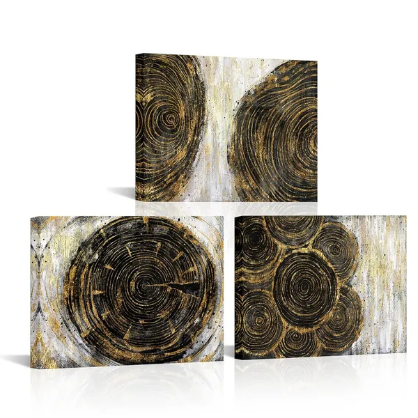 Multicolor_Tree_Ring_Canvas_Wall_Art_Black_Gold_Painting_12"x16"x3_Panels