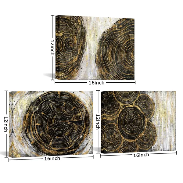 Multicolor_Tree_Ring_Canvas_Wall_Art_Black_Gold_Painting_12"x16"x3_Panels