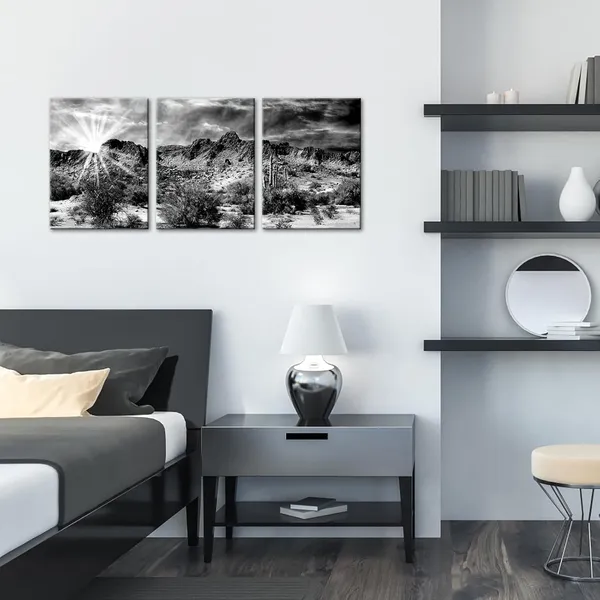 Multicolor_Desert_Canvas_Wall_Art_Black_White_Cactus_Plant_Picture_Prints_New_Mexico_Sunrise_Desert_Painting_Botanical_Cactus_Artwork_Gallery_Wrapped_12''x16''x3Pcs