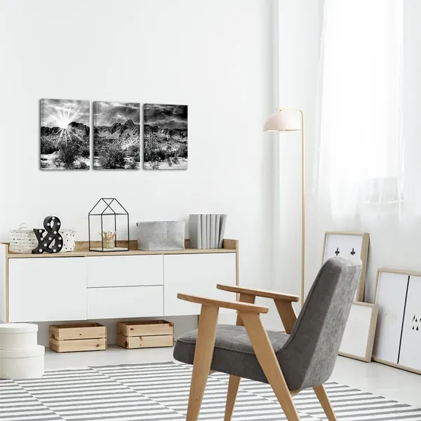 Multicolor_Desert_Canvas_Wall_Art_Black_White_Cactus_Plant_Picture_Prints_New_Mexico_Sunrise_Desert_Painting_Botanical_Cactus_Artwork_Gallery_Wrapped_12''x16''x3Pcs