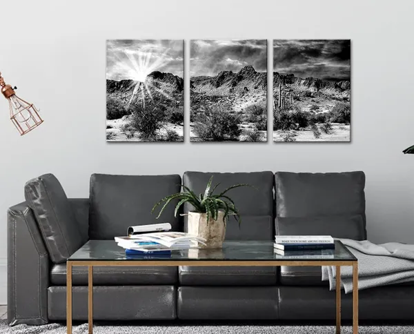 Multicolor_Desert_Canvas_Wall_Art_Black_White_Cactus_Plant_Picture_Prints_New_Mexico_Sunrise_Desert_Painting_Botanical_Cactus_Artwork_Gallery_Wrapped_12''x16''x3Pcs