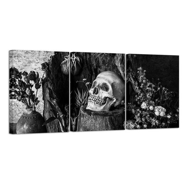 Multicolor_Skull_Painting_Day_of_the_Dead_Wall_Art_Black_White_Skull_Flower_Wall_Picture_Gothic_Skeleton_Canvas_Gallery_Wrapped_(Black_White,_Small)