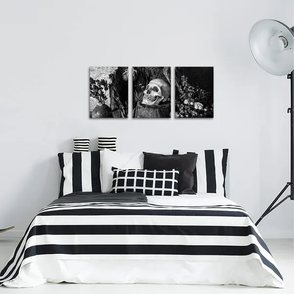 Multicolor_Skull_Painting_Day_of_the_Dead_Wall_Art_Black_White_Skull_Flower_Wall_Picture_Gothic_Skeleton_Canvas_Gallery_Wrapped_(Black_White,_Small)