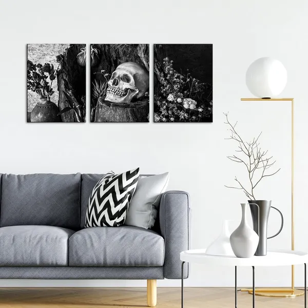 Multicolor_Skull_Painting_Day_of_the_Dead_Wall_Art_Black_White_Skull_Flower_Wall_Picture_Gothic_Skeleton_Canvas_Gallery_Wrapped_(Black_White,_Small)