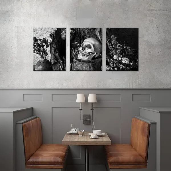Multicolor_Skull_Painting_Day_of_the_Dead_Wall_Art_Black_White_Skull_Flower_Wall_Picture_Gothic_Skeleton_Canvas_Gallery_Wrapped_(Black_White,_Small)