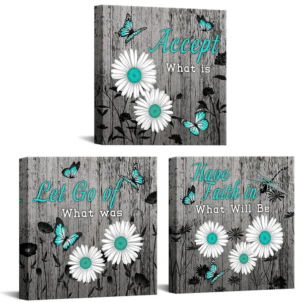 Multicolor_Rustic_Daisy_Wall_Art_Teal_Grey_Inspirational_Quotes_Canvas_Painting_Daisy_Butterfly_Artwork_Vintage_Flower_Quotes_Picture_Prints_|_For_Farmhouse_Home_Decor_12''x12''x3pcs