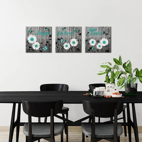 Multicolor_Rustic_Daisy_Wall_Art_Teal_Grey_Inspirational_Quotes_Canvas_Painting_Daisy_Butterfly_Artwork_Vintage_Flower_Quotes_Picture_Prints_|_For_Farmhouse_Home_Decor_12''x12''x3pcs