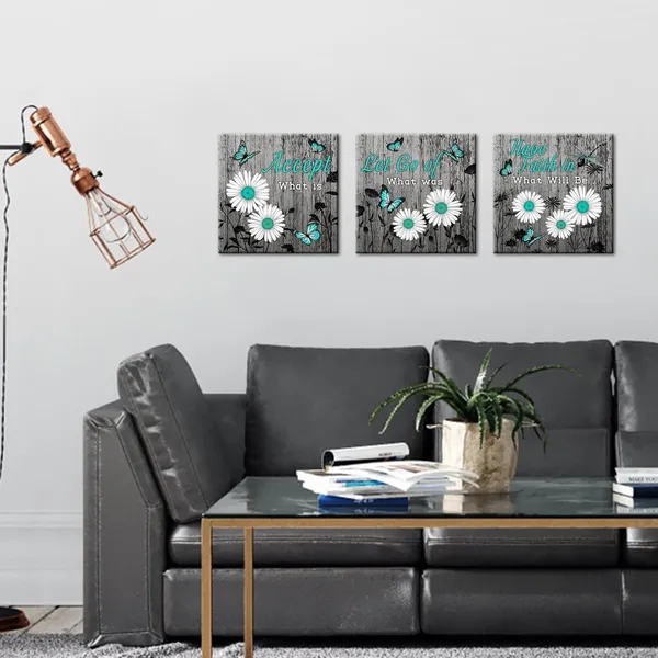 Multicolor_Rustic_Daisy_Wall_Art_Teal_Grey_Inspirational_Quotes_Canvas_Painting_Daisy_Butterfly_Artwork_Vintage_Flower_Quotes_Picture_Prints_|_For_Farmhouse_Home_Decor_12''x12''x3pcs