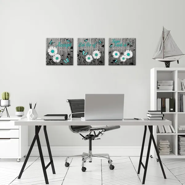 Multicolor_Rustic_Daisy_Wall_Art_Teal_Grey_Inspirational_Quotes_Canvas_Painting_Daisy_Butterfly_Artwork_Vintage_Flower_Quotes_Picture_Prints_|_For_Farmhouse_Home_Decor_12''x12''x3pcs