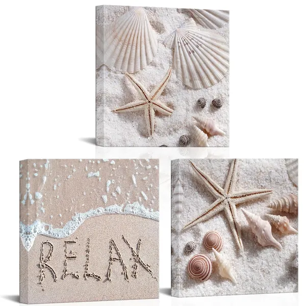 Multicolor_Ocean_Coastal_Canvas_Wall_Art_Beach_Seashell_Starfish_Wall_Pictures_Beige_Paintings_Framed_12''x12''x3panels