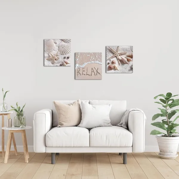 Multicolor_Ocean_Coastal_Canvas_Wall_Art_Beach_Seashell_Starfish_Wall_Pictures_Beige_Paintings_Framed_12''x12''x3panels