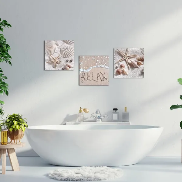 Multicolor_Ocean_Coastal_Canvas_Wall_Art_Beach_Seashell_Starfish_Wall_Pictures_Beige_Paintings_Framed_12''x12''x3panels