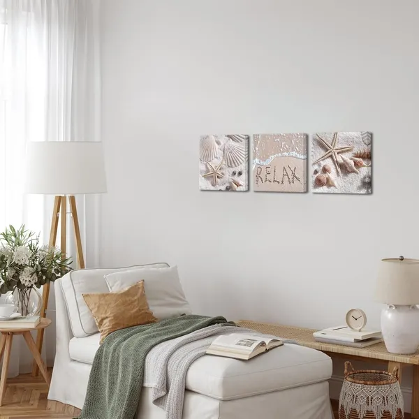 Multicolor_Ocean_Coastal_Canvas_Wall_Art_Beach_Seashell_Starfish_Wall_Pictures_Beige_Paintings_Framed_12''x12''x3panels