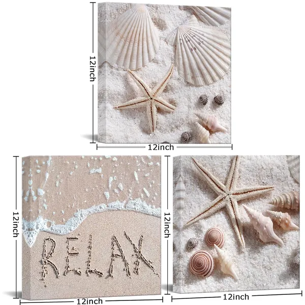 Multicolor_Ocean_Coastal_Canvas_Wall_Art_Beach_Seashell_Starfish_Wall_Pictures_Beige_Paintings_Framed_12''x12''x3panels