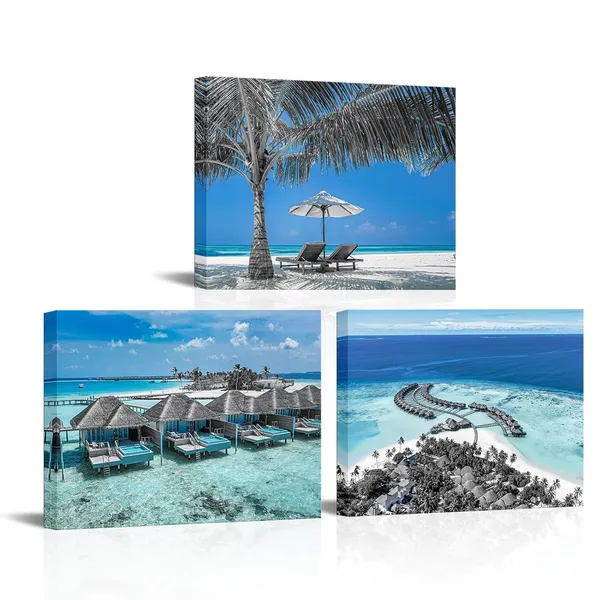 Multicolor_Maldives_Picture_Prints_Teal_Blue_Coastal_Wall_Art_Turquoise_Ocean_Picture_Canvas_Prints_Tropical_Beach_Pictures_Framed_|_For_Edroom_Bathroom_Decor_12''x16''x3pcs