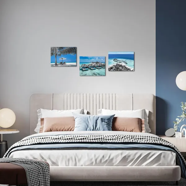 Multicolor_Maldives_Picture_Prints_Teal_Blue_Coastal_Wall_Art_Turquoise_Ocean_Picture_Canvas_Prints_Tropical_Beach_Pictures_Framed_|_For_Edroom_Bathroom_Decor_12''x16''x3pcs