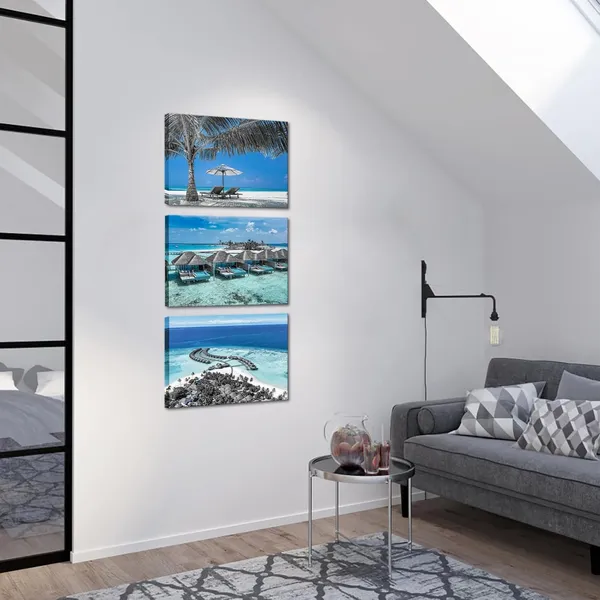Multicolor_Maldives_Picture_Prints_Teal_Blue_Coastal_Wall_Art_Turquoise_Ocean_Picture_Canvas_Prints_Tropical_Beach_Pictures_Framed_|_For_Edroom_Bathroom_Decor_12''x16''x3pcs